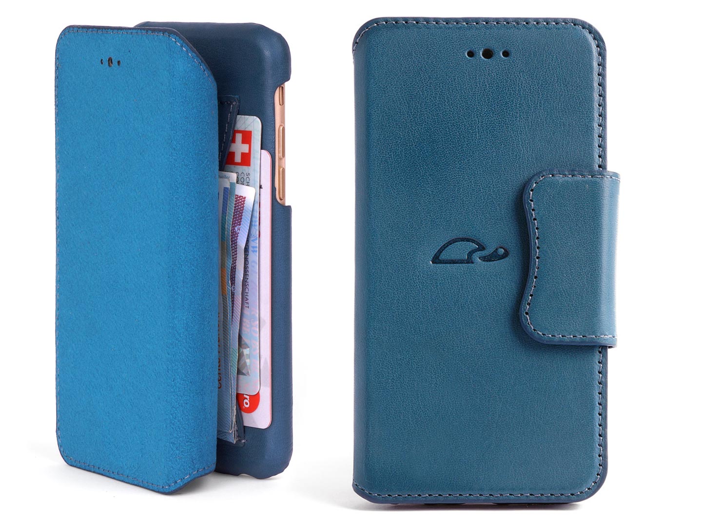 iPhone 6 Plus wallet case leather blue - front - Carapaz