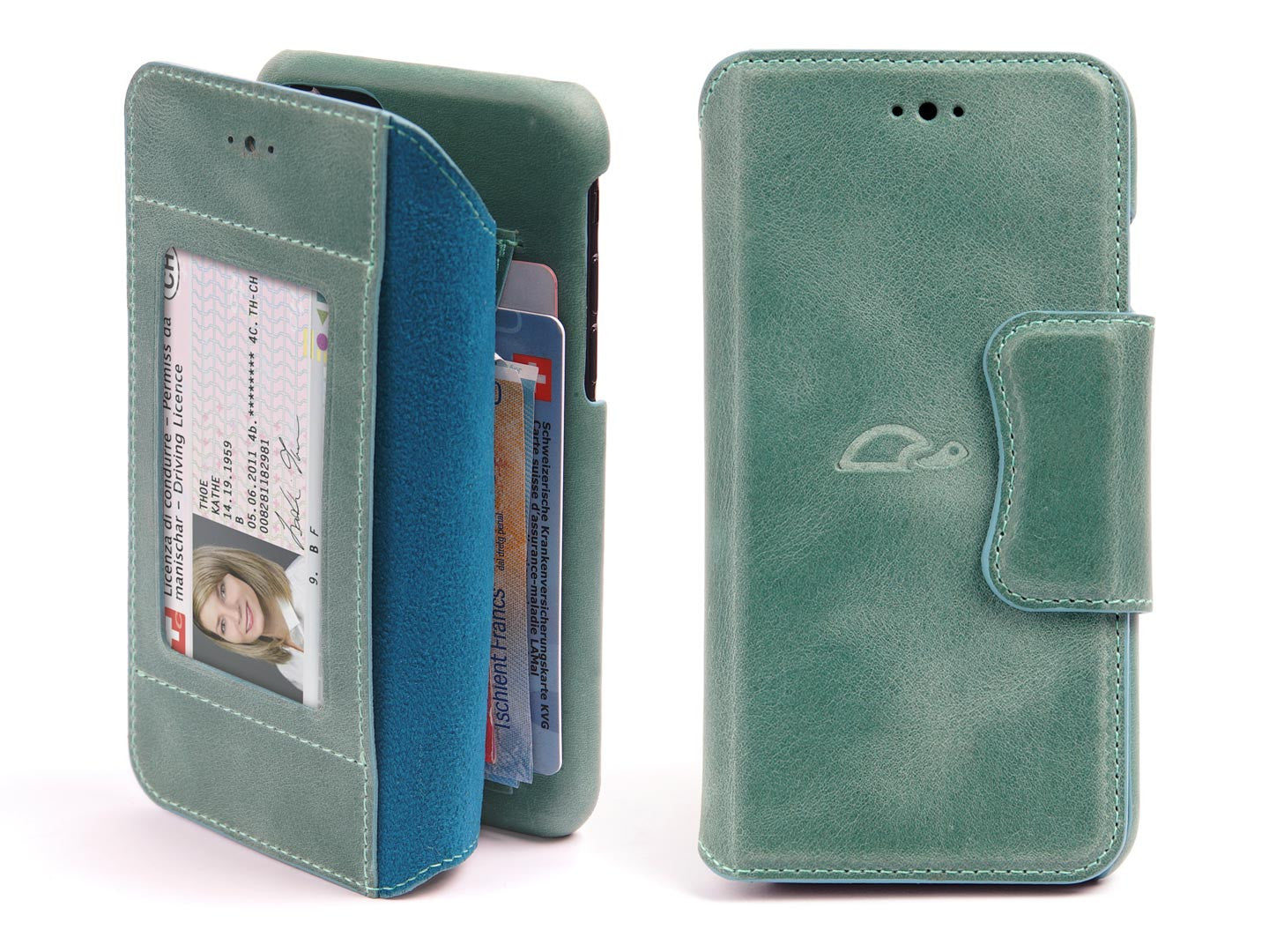 iPhone 7 / 8 leather wallet case - turquoise green - front - Carapaz