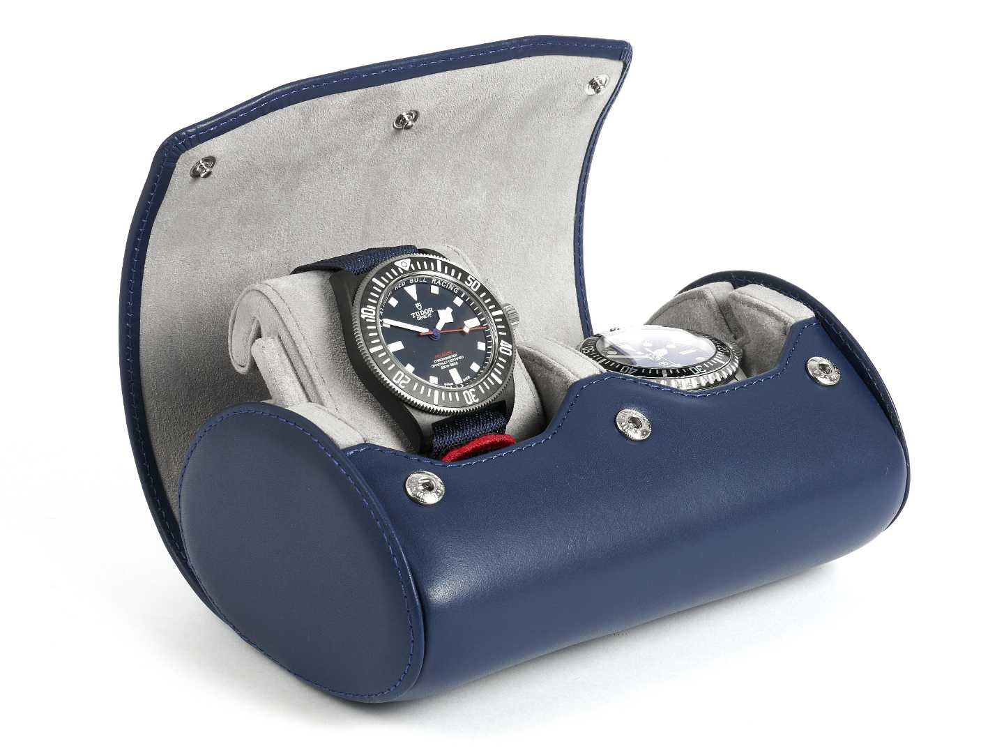 2-Watch-box-blue-leather-open-left-side-with-watches-Carapaz