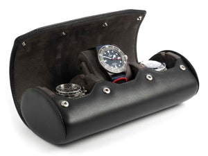3-Watch-roll-black-leather-open-left-side-with-watches-Carapaz