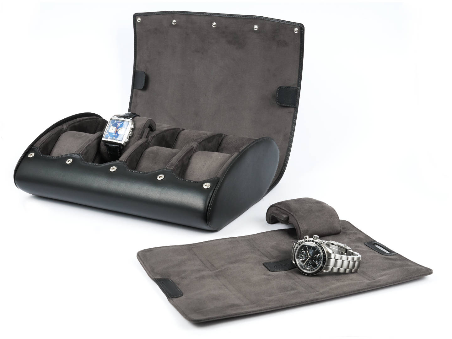 8-Watch-storage-box-black-leather-open-front-left-with-watch-pad-Carapaz