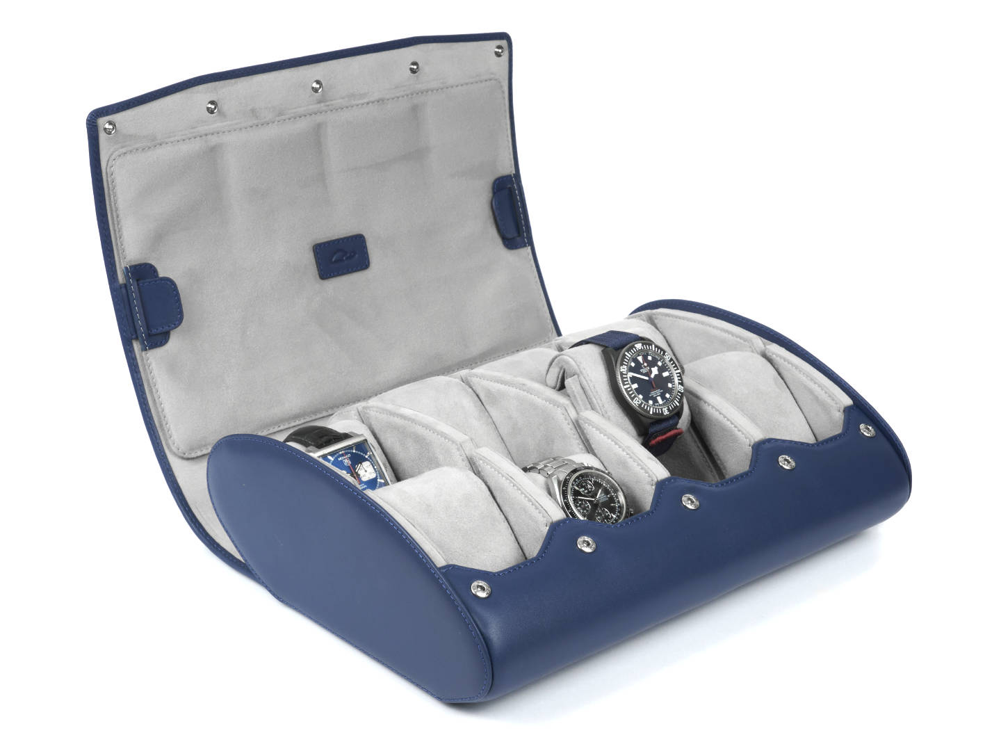 8-Watch-storage-box-blue-leather-open-left-side-with-watches-Carapaz