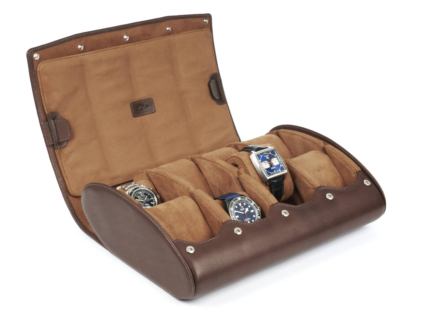 8-Watch-storage-box-brown-leather-open-left-side-with-watches-Carapaz