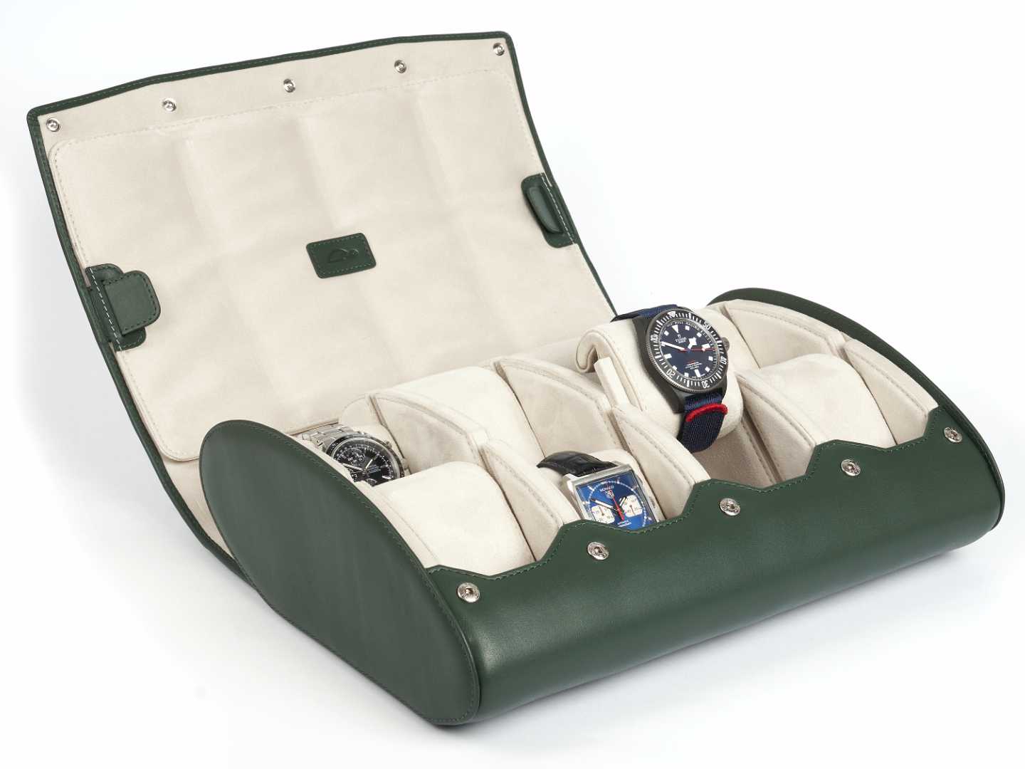 8-Watch-storage-box-green-leather-open-left-side-with-watches-Carapaz