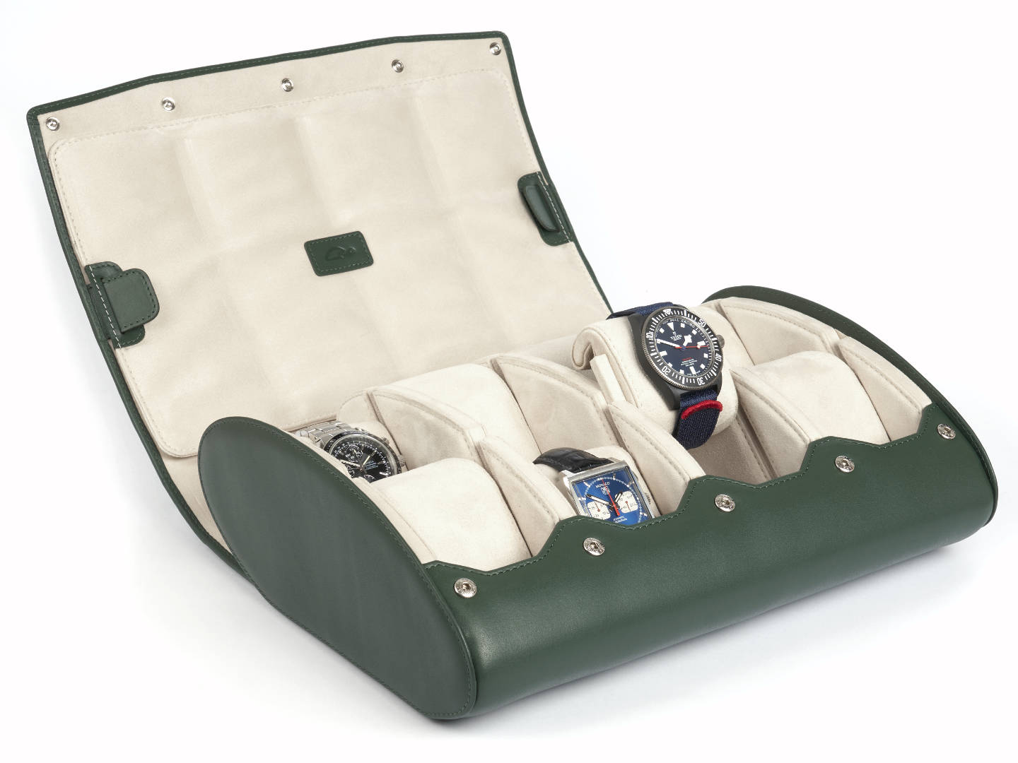 8-Watch-storage-box-green-leather-open-left-side-with-watches-Carapaz