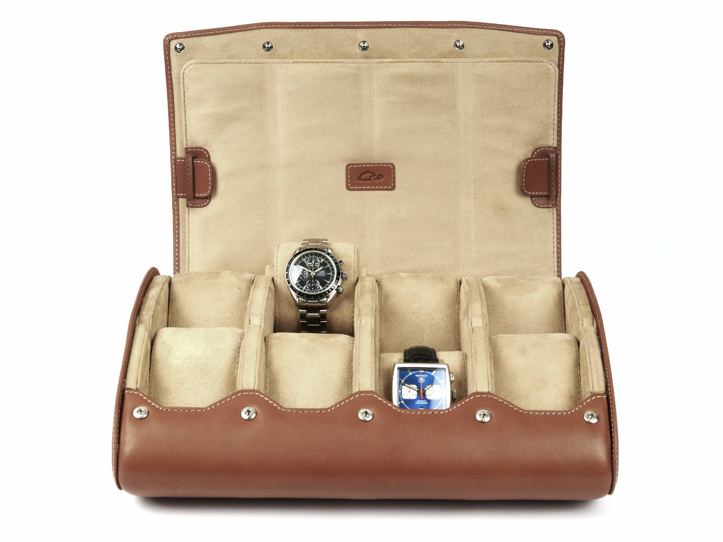 8-Watch-storage-box-tan-leather-open-front-with-watches-Carapaz