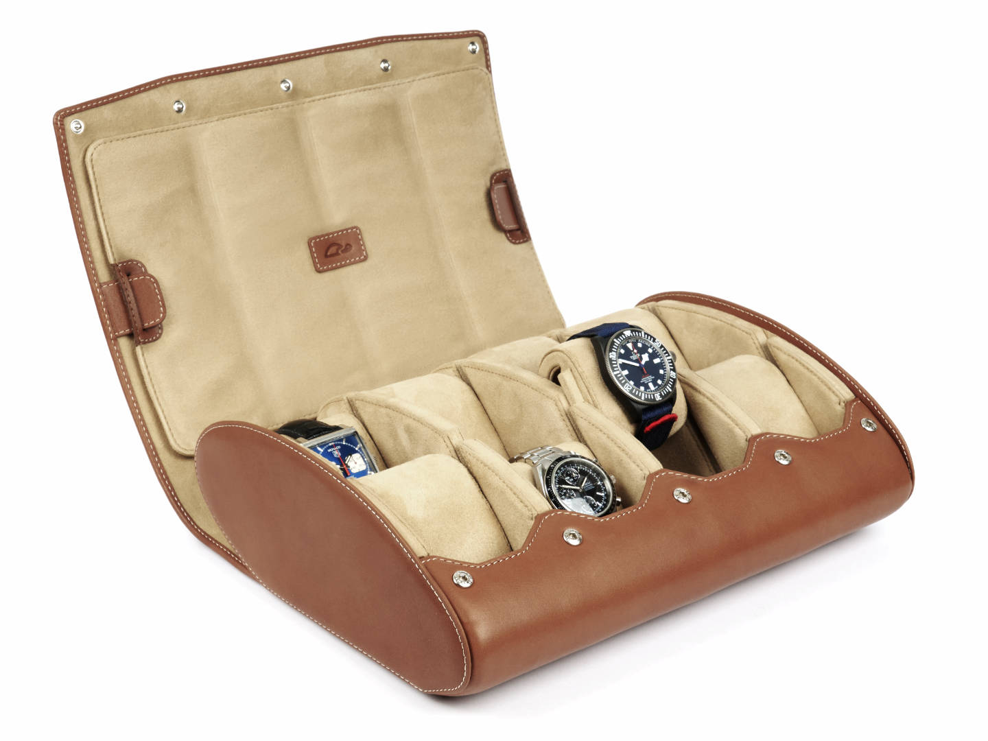 8-Watch-storage-box-tan-leather-open-left-side-with-watches-Carapaz