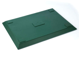 Rear view of a green leather watch tray with embossed Carapaz logo
