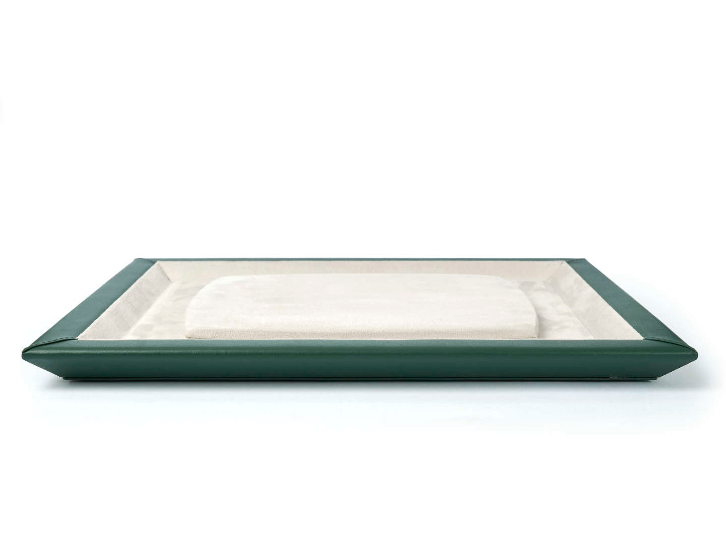 Side view of green leather watch tray