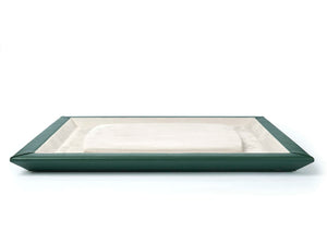 Side view of green leather watch tray