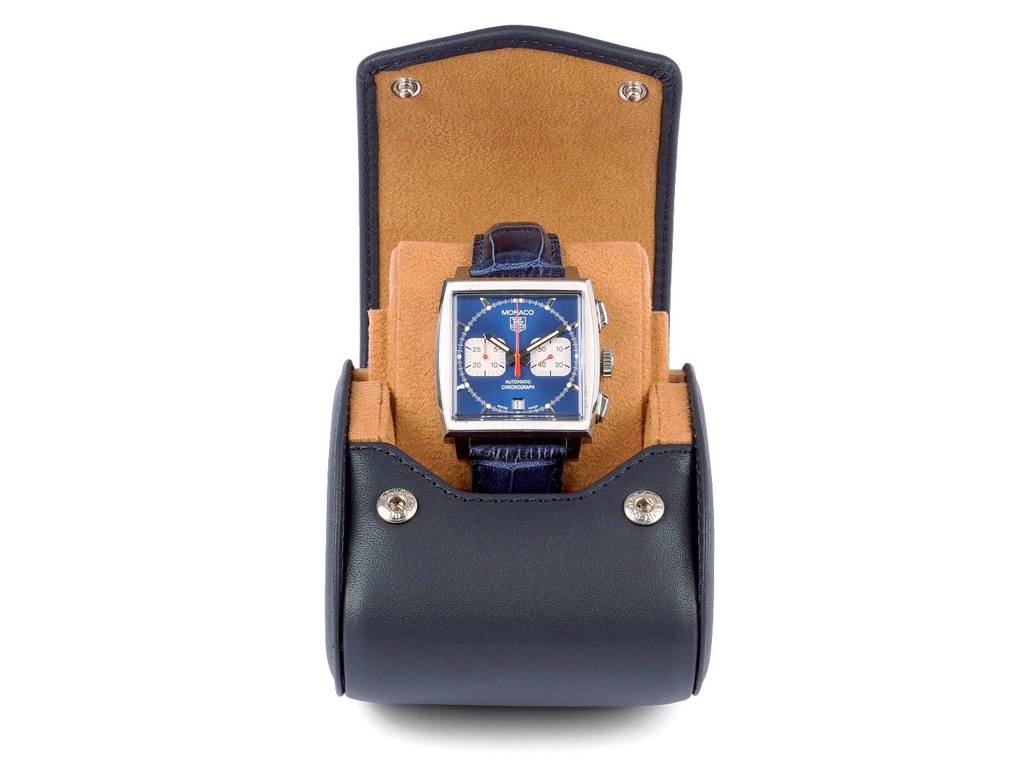 Travel Watch Case For 1 Watch - Stand Function - Navy Blue Leather