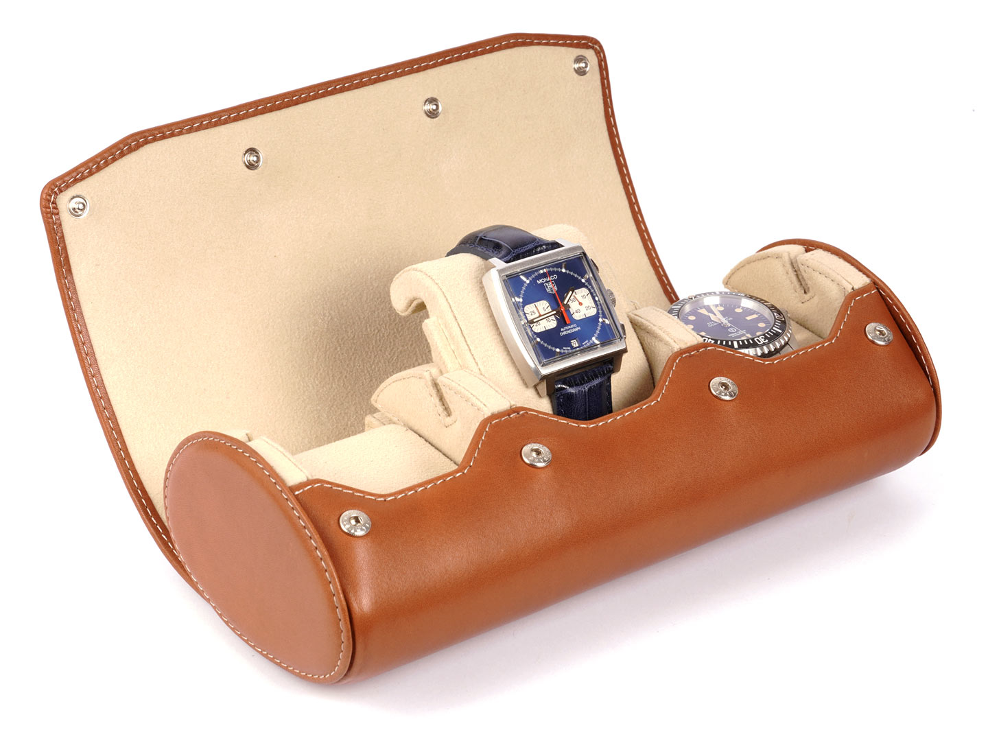 Leather Watch Roll For 3 Watches - Stand Function - COGNAC / NATURAL