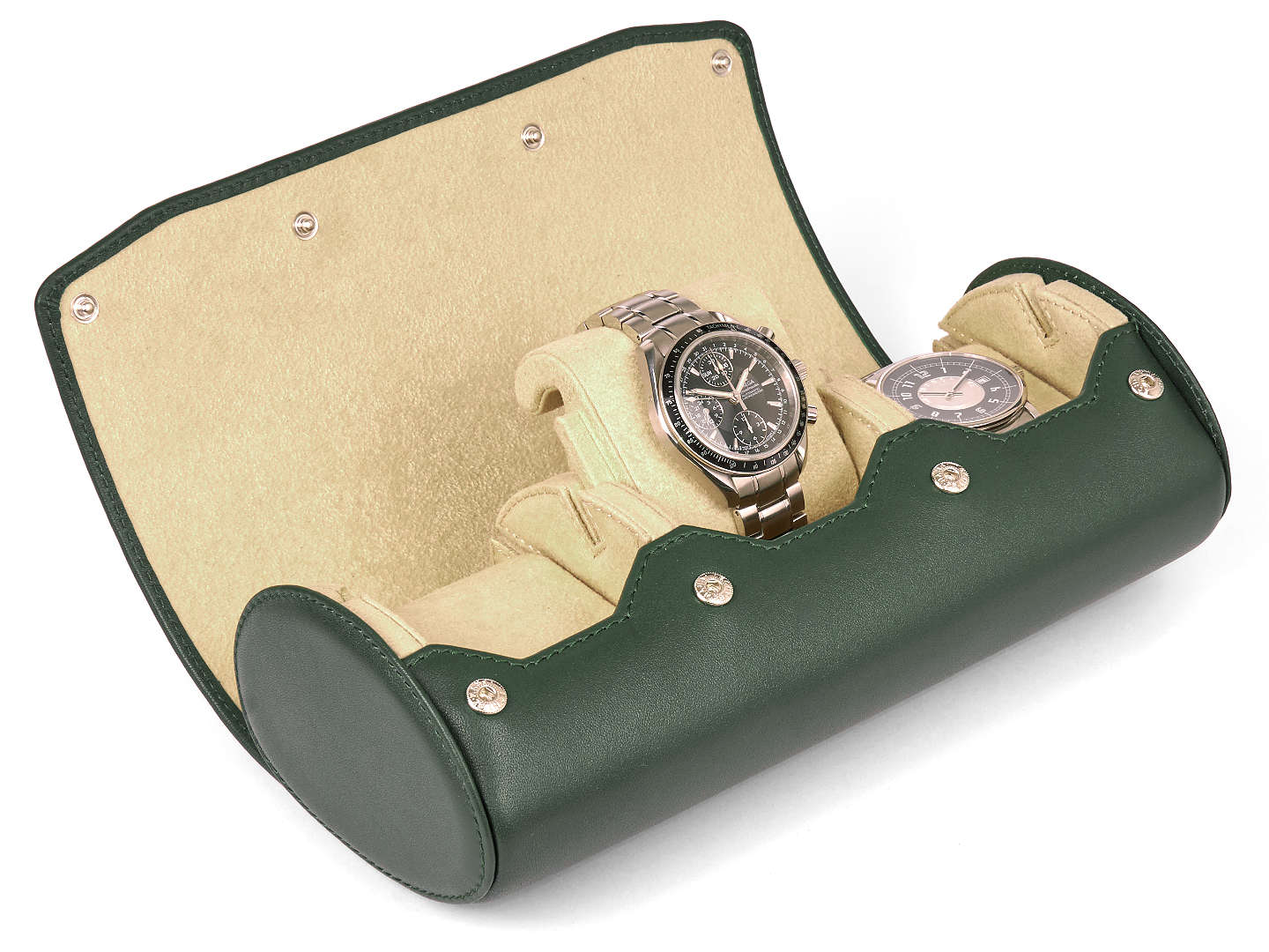    3_Watch_Travel_Watch_Green_Leather_open_2_Carapaz