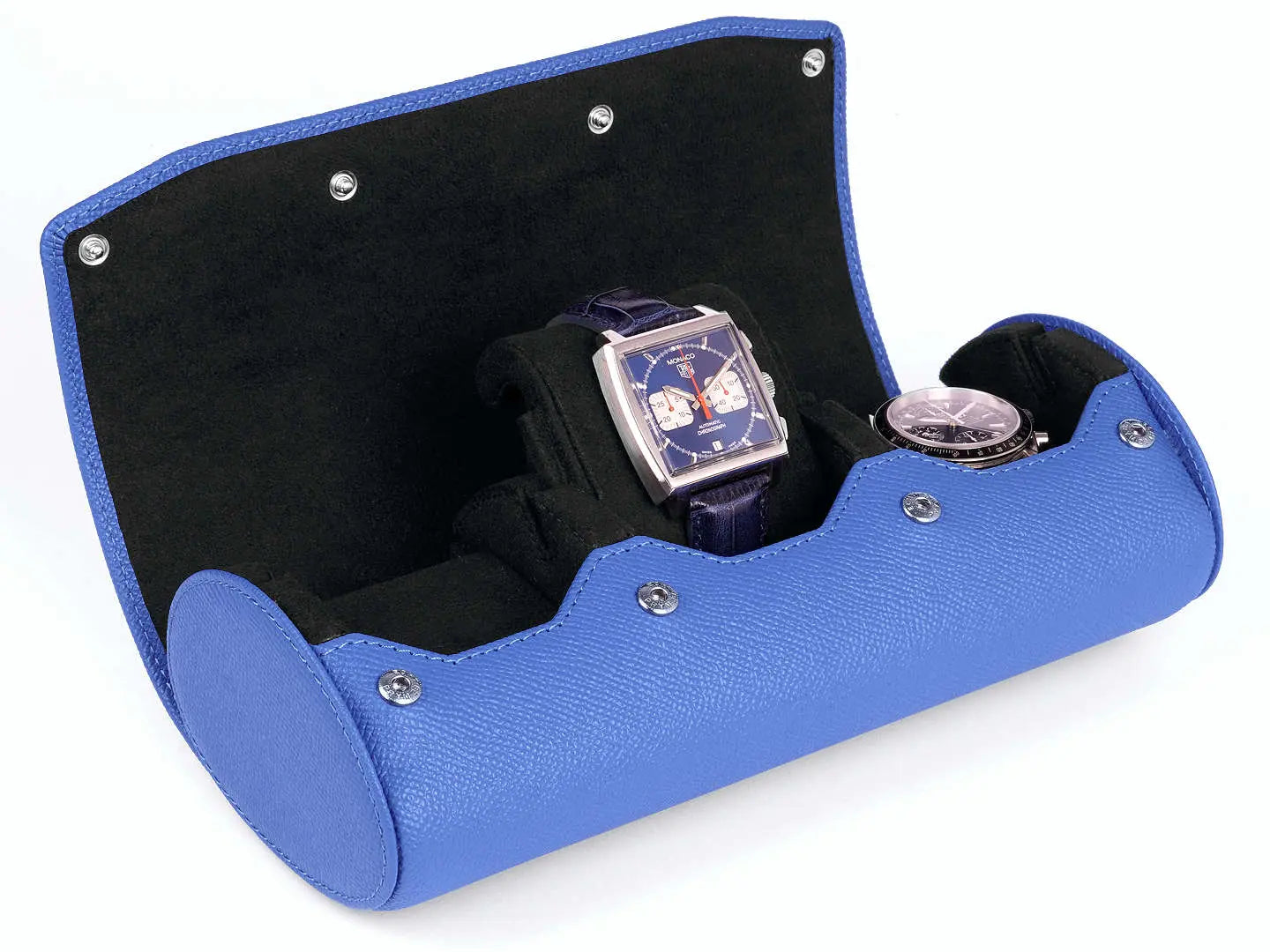 3-Slot Leather Watch Roll for Travel and Storage - BLUE EPSOM / BLACK