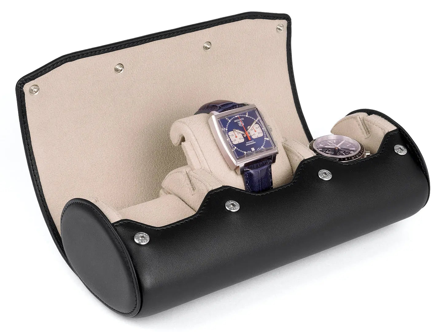 3-Slot Leather Watch Roll for Travel and Storage BLACK BEIGE