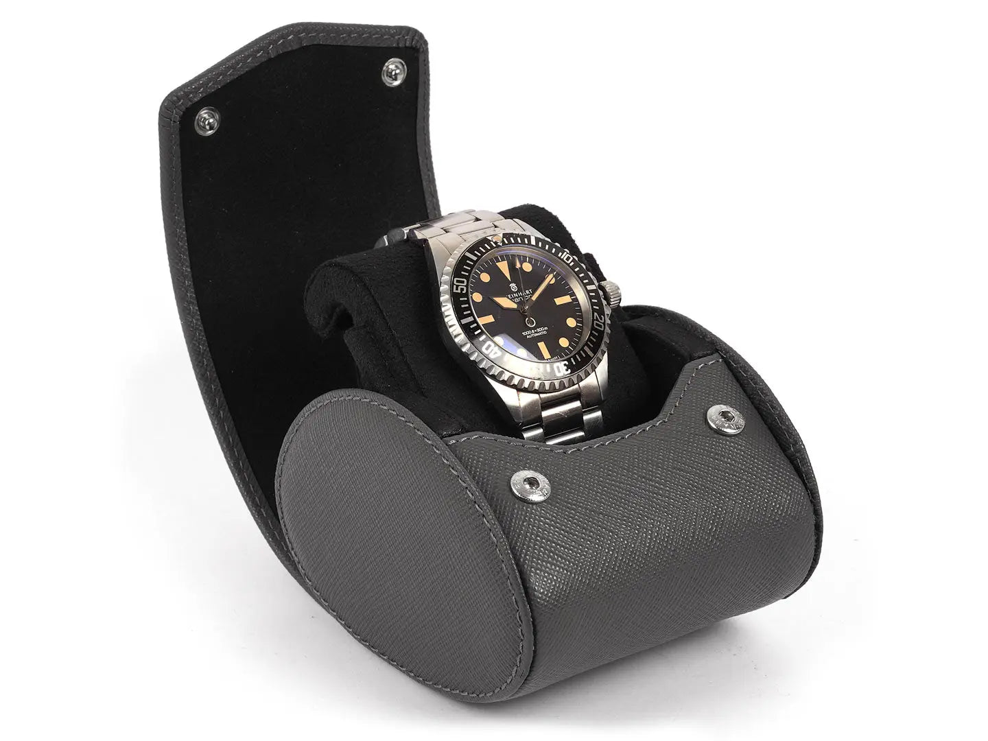 Travel and Storage Watch Box for 1 Watch - GRAY SAFFIANO LEATHER Carapaz SA