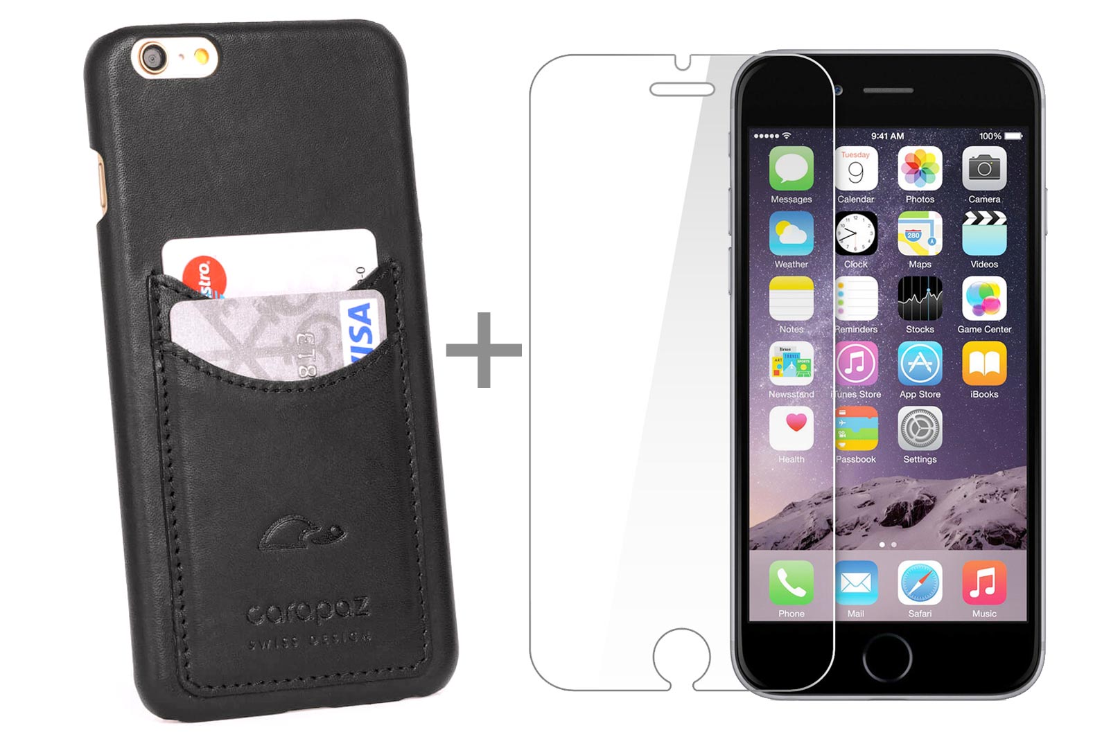 Black leather cover iPhone 6 Plus - cards slots - screen protection glass - Carapaz