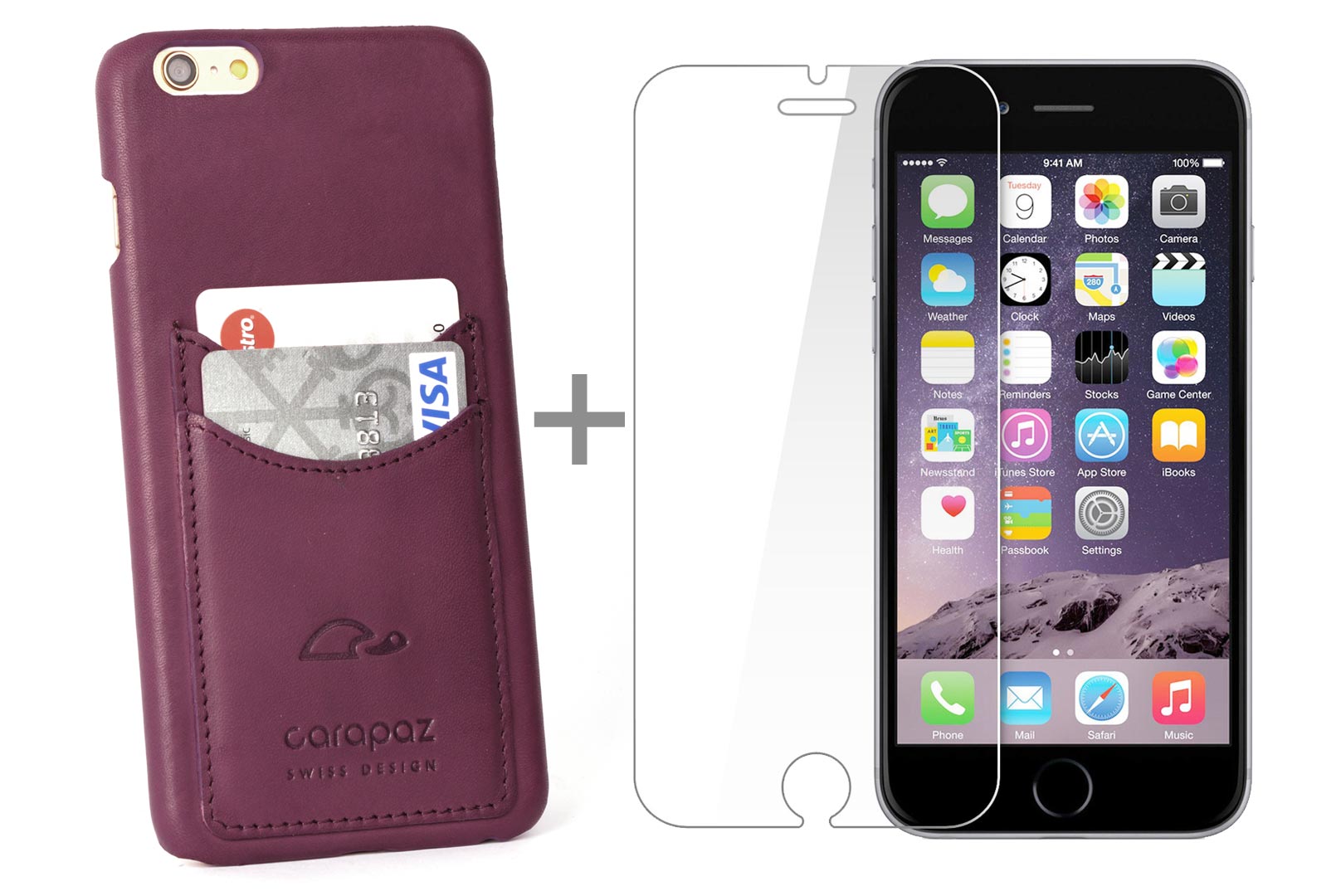 iPhone 6 Plus Leather Cover with card slots - purple - includes screen protection glass - Carapaz