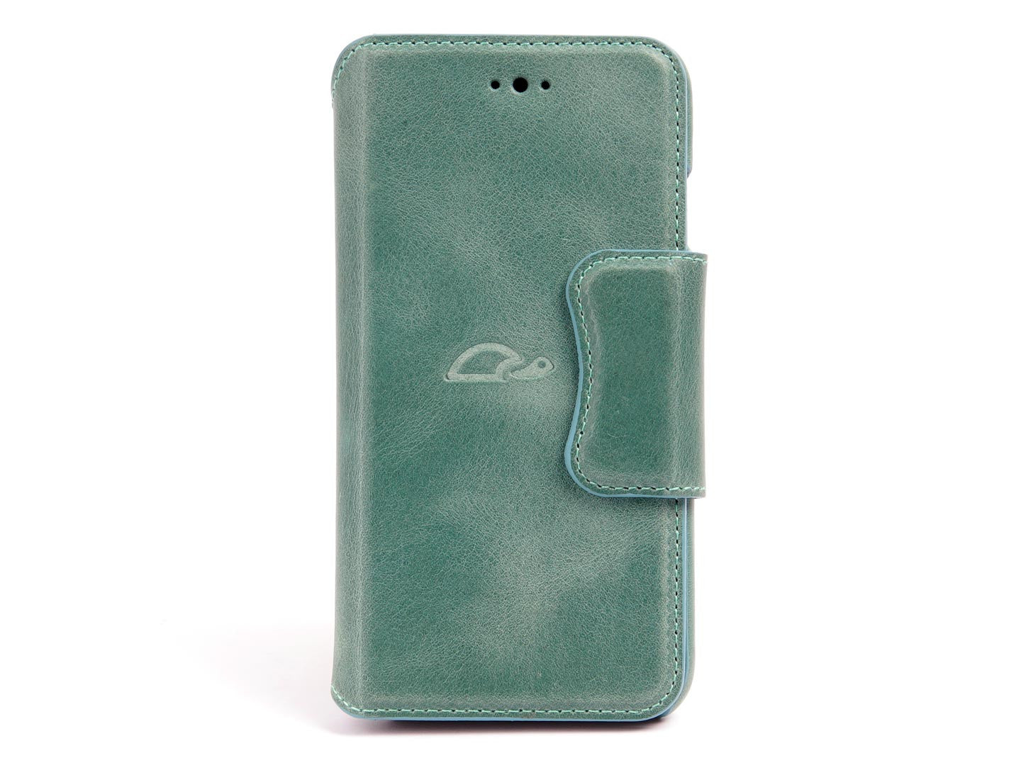 iPhone 7 / 8 leather wallet case - turquoise green - front - Carapaz
