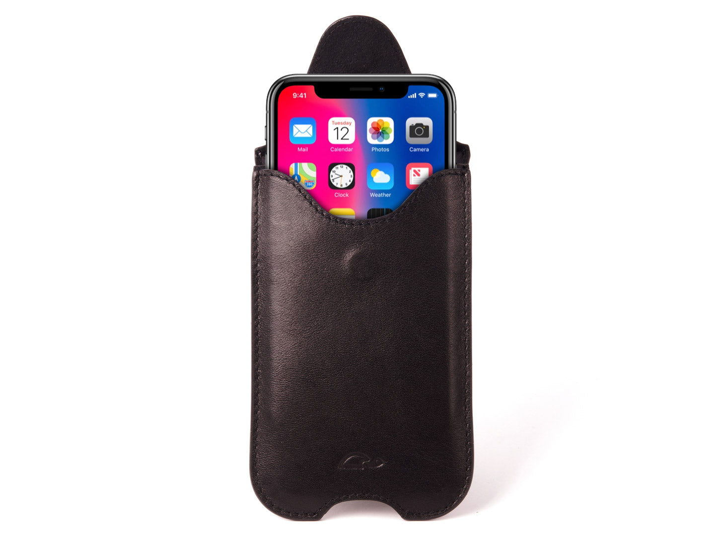 iPhone X / Xs / 11 Pro Sleeve Case - Protective Leather Pouch - Black Natural Leather - open - Carapaz
