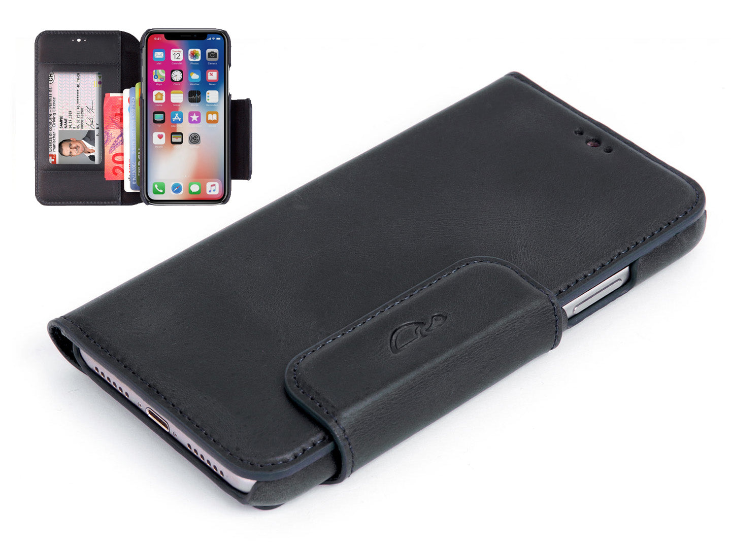 iPhone X leather wallet case - black vintage leather - card slots - front - Carapaz