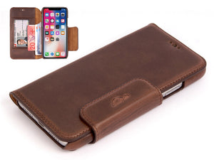 iPhone X leather wallet case - brown vintage leather - card slots - front - Carapaz