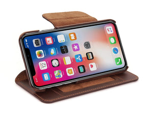 iPhone X leather wallet case - brown vintage leather - card slots - stand - Carapaz